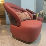 Burgundy Leather Tub Chair with Woven Side Panels and High-Gloss Wood Back